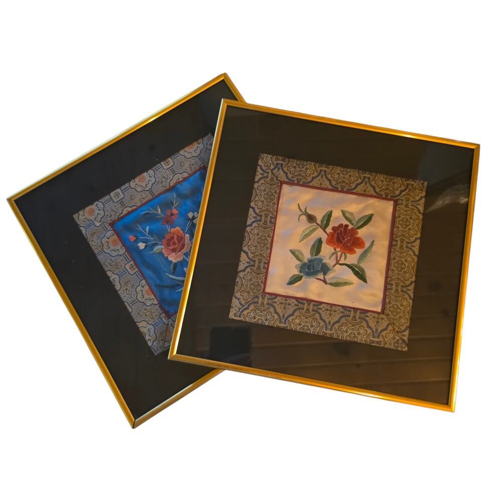 Framed Chinese Silk Embroidery Floral Art Panels Matching Pair Gold Decor VTG